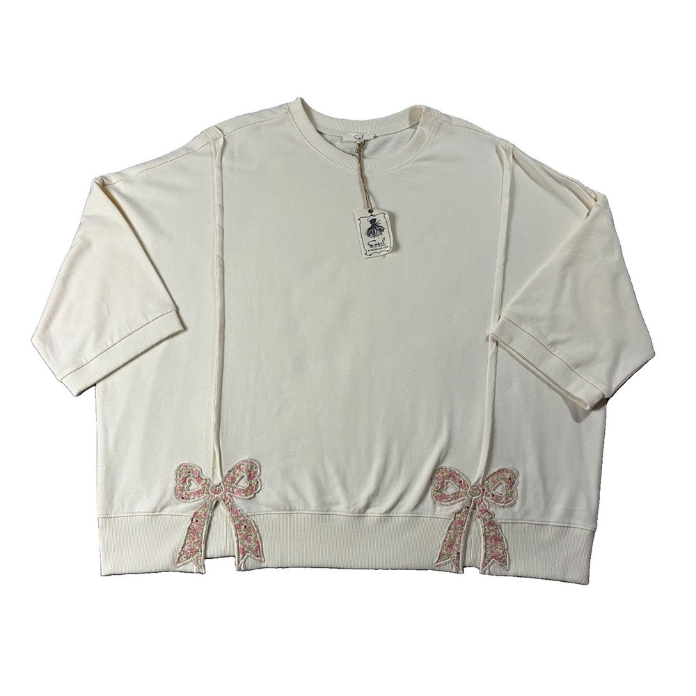 NWT Easel Raw Seam Floral Bow Patched Baggy Pullover Ivory Women's L Cottagecore